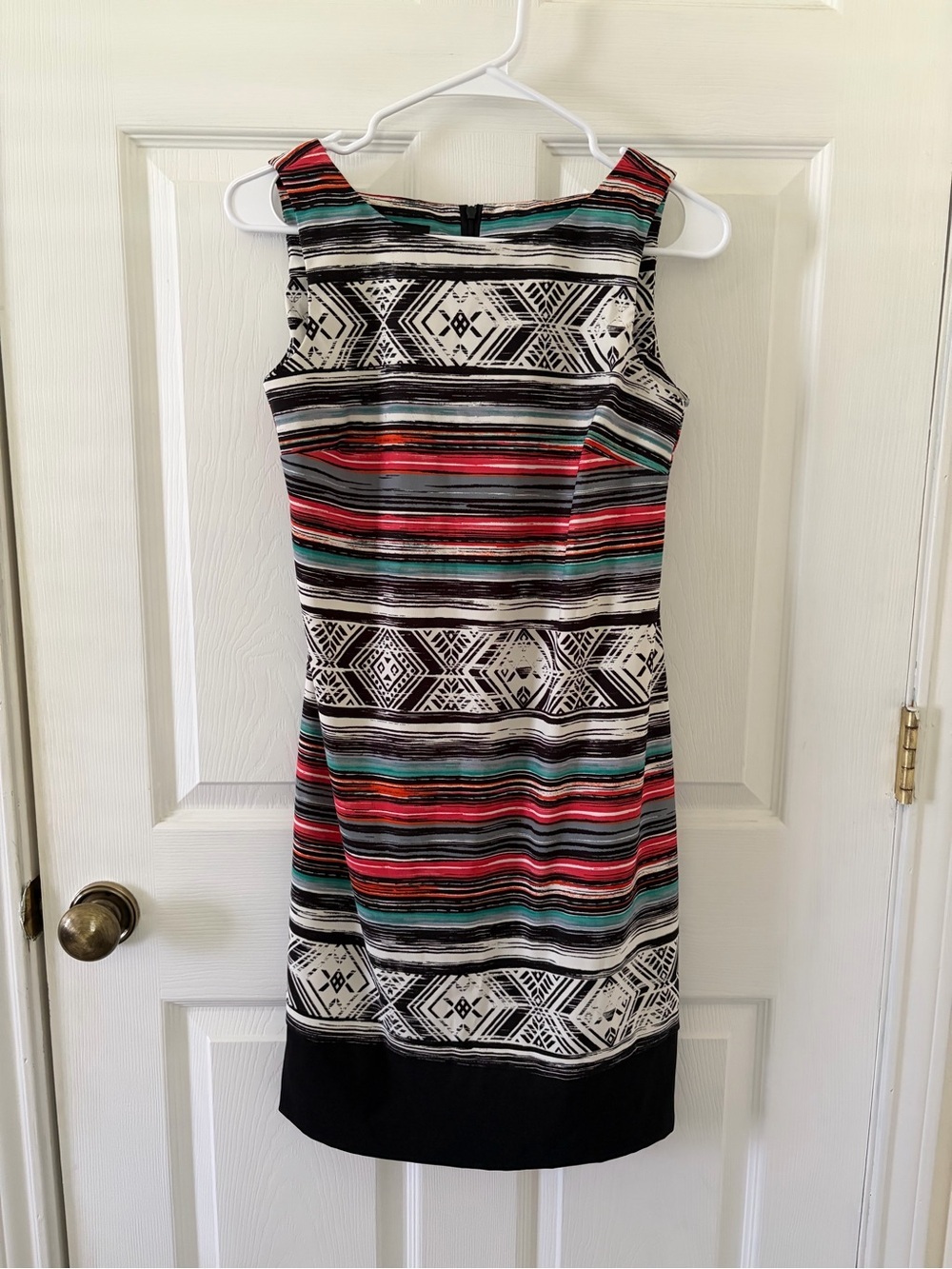 AB Studio Sleeveless Striped Print Dress in Black, Red & Teal
